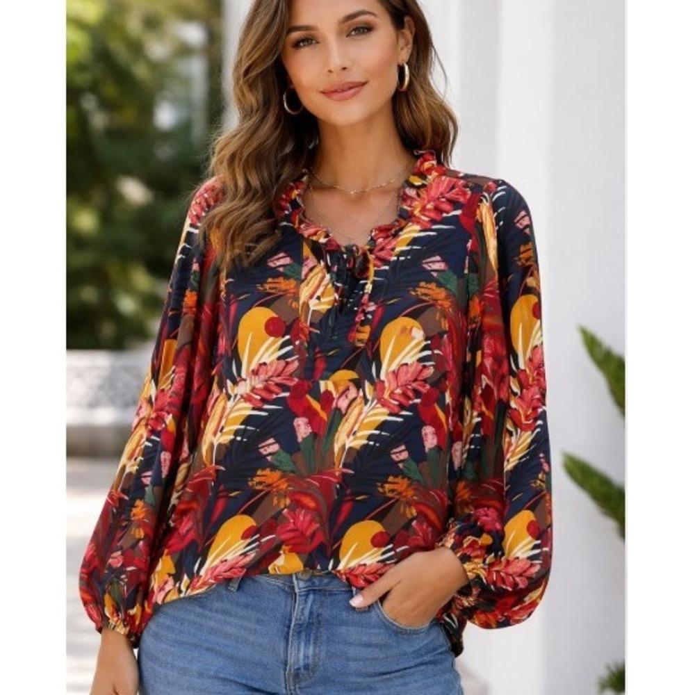 Sunny Leigh Ayleen Blouse Womens M Multicolor Floral Ruffle Popover Top Resort
